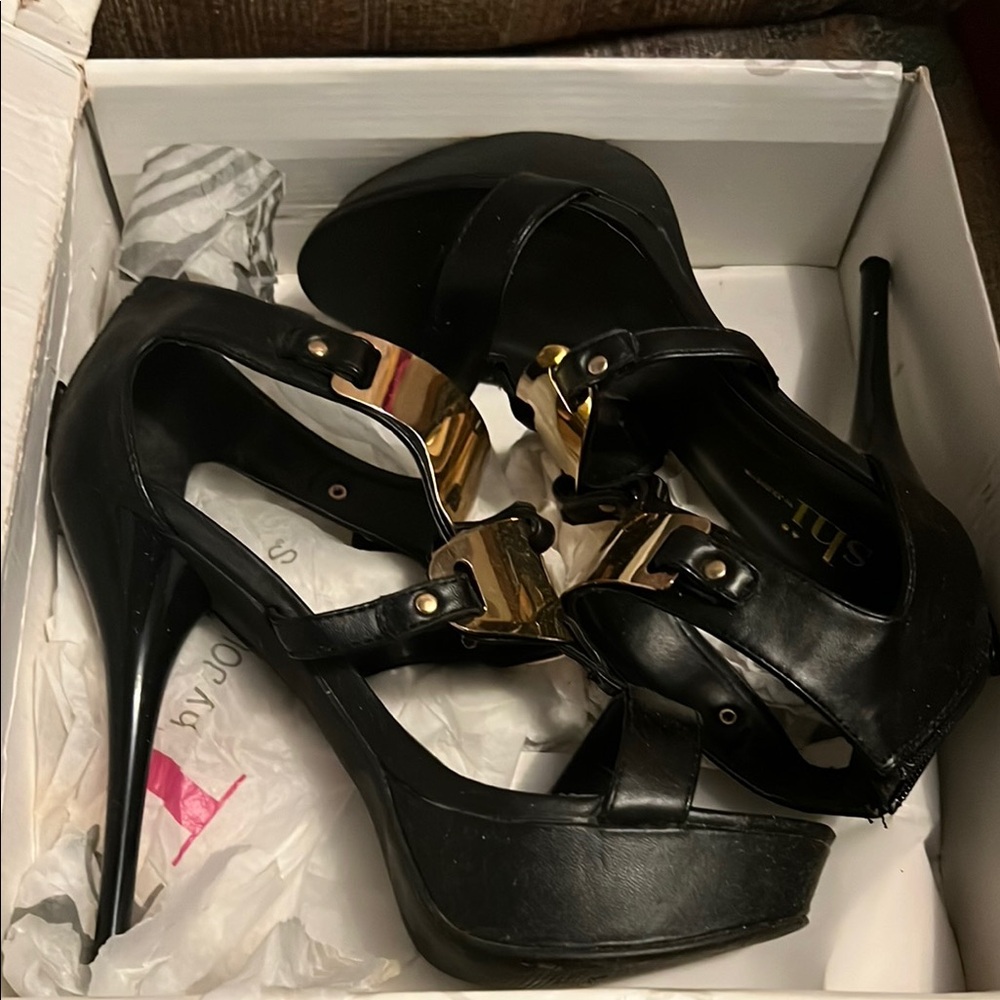 Black Stiletto Heels with Gold Accents
